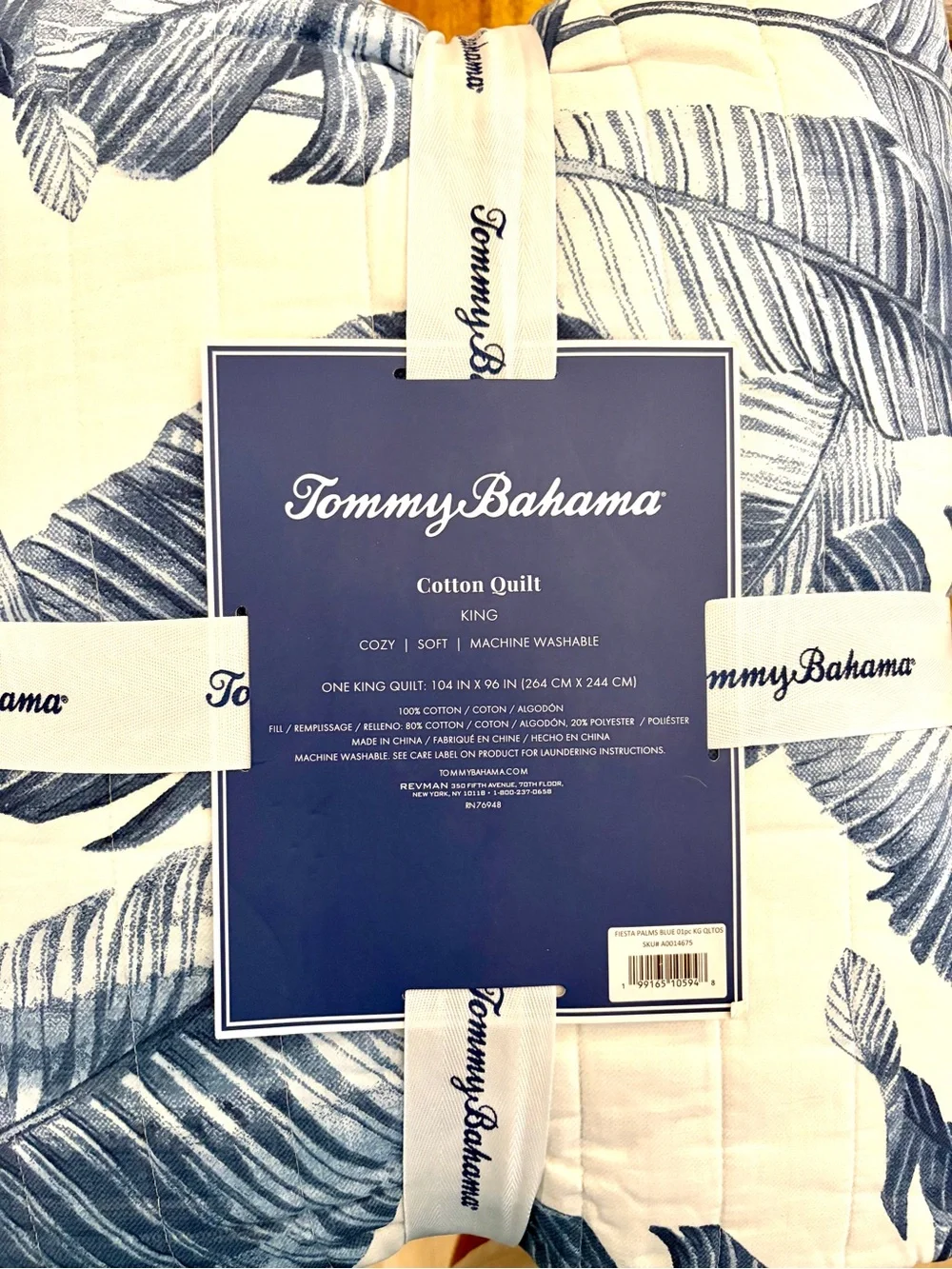 Tommy Bahama Fiesta Palm Blue Leaf Print 100% Cotton Quilt - King